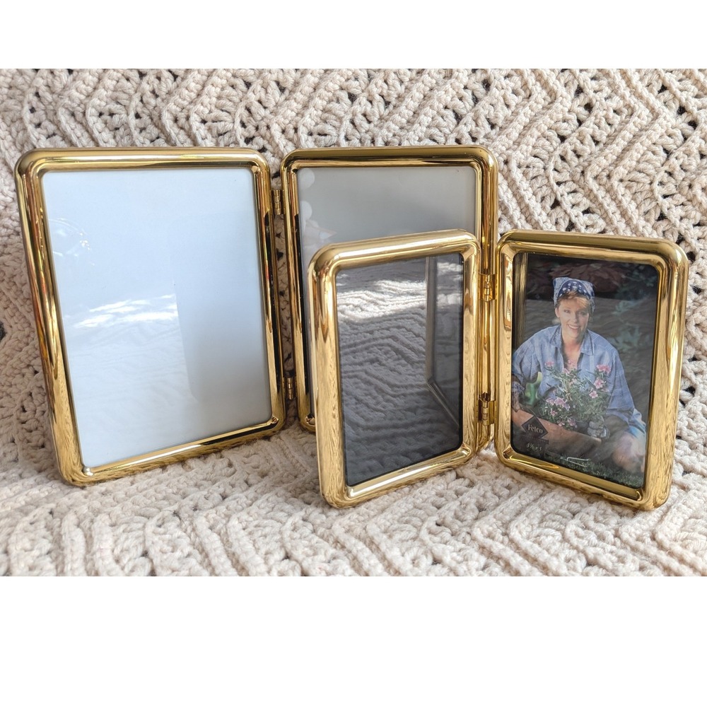 Fetco Gold Tone Metal Folding Double Picture Frames Set 5x7 and 3.5x5 Vintage